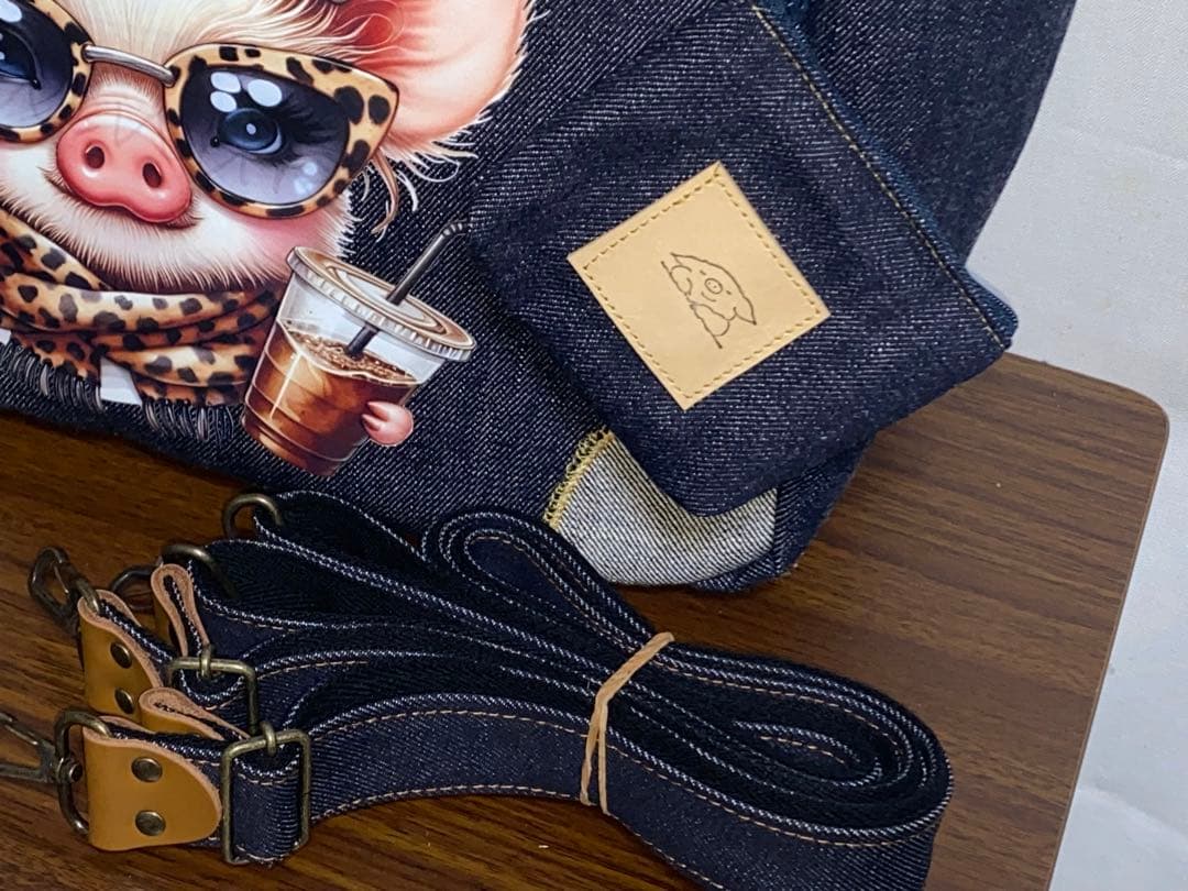 ハンドメイド☆岡山デニム☆ブタさん☆リュック対応☆4wayあおりバッグ