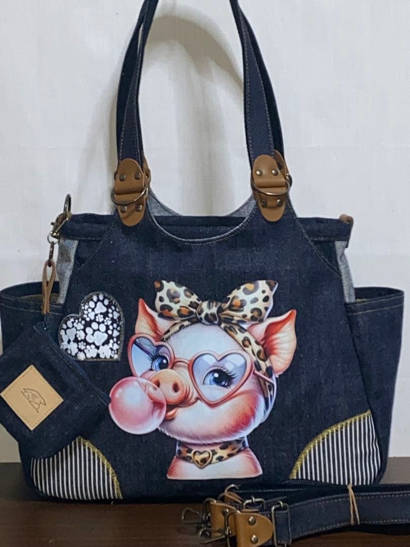 ハンドメイド☆岡山デニム☆ブタさん☆リュック対応☆4wayあおりバッグ