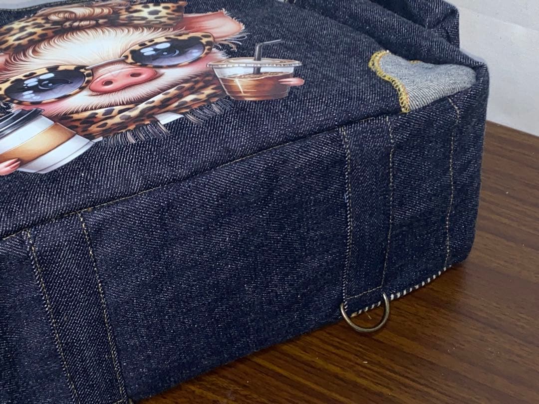 ハンドメイド☆岡山デニム☆ブタさん☆リュック対応☆4wayあおりバッグ