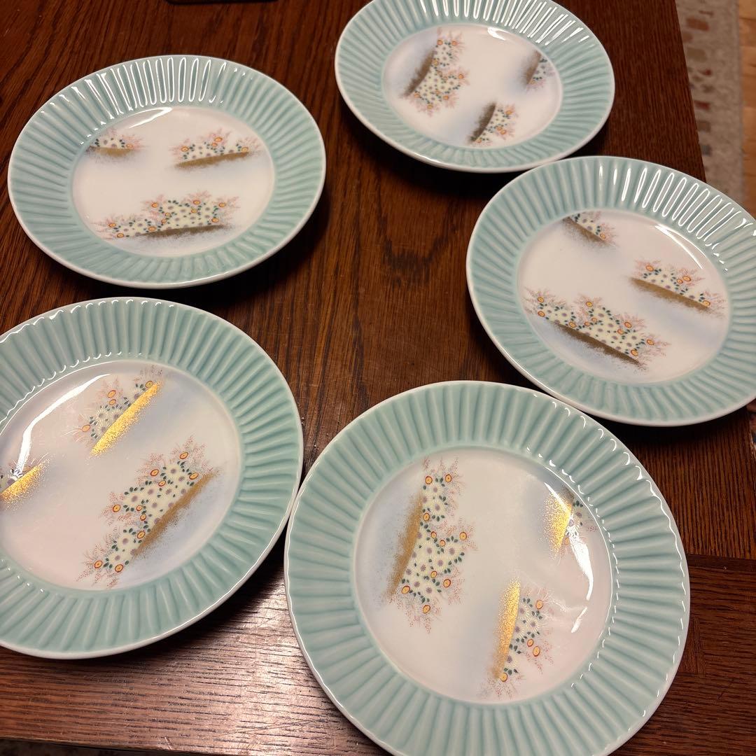 深川製磁 金襴草花 青磁中皿 金彩 和皿揃え 5枚セット