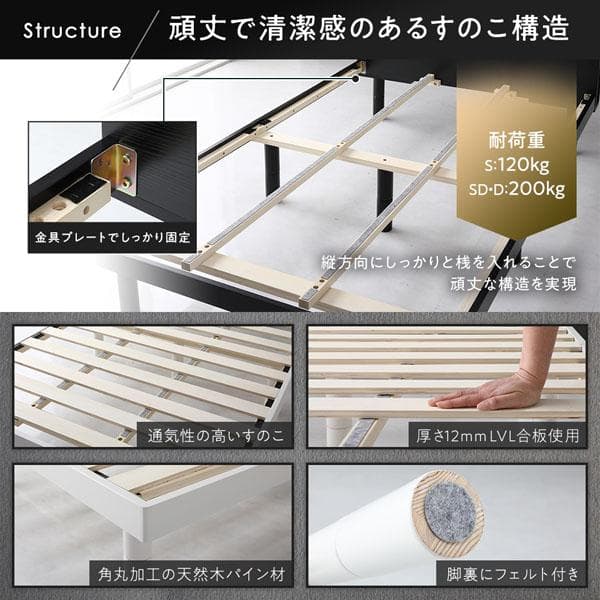 ベッド シングル ベッドフレームのみ ホワイト 宮付き 高さ調整 すのこ ベット