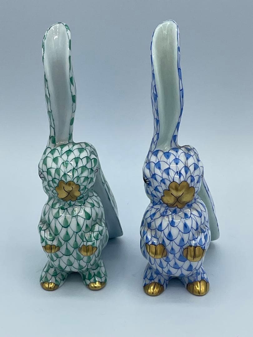 HEREND ヘレンド 片耳立てうさぎ フィギュリン　グリーン&ブルーセット