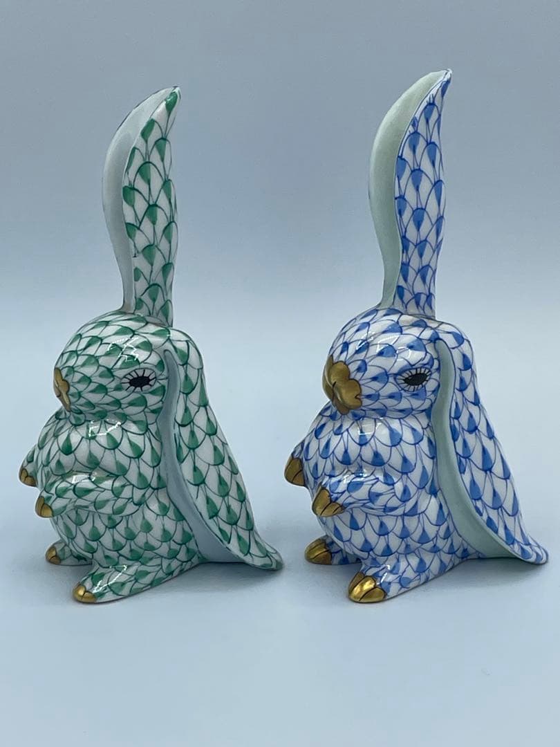 HEREND ヘレンド 片耳立てうさぎ フィギュリン　グリーン&ブルーセット