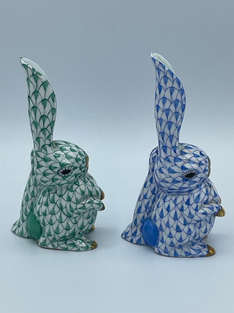 HEREND ヘレンド 片耳立てうさぎ フィギュリン　グリーン&ブルーセット