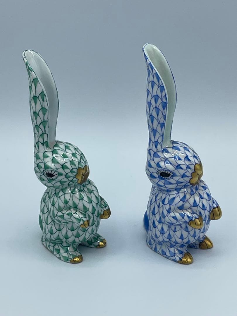 HEREND ヘレンド 片耳立てうさぎ フィギュリン　グリーン&ブルーセット