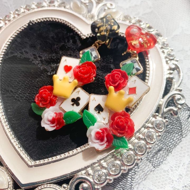 2.ハート＆スペード トランプと薔薇のピアス/イヤリング サージカルステンレス