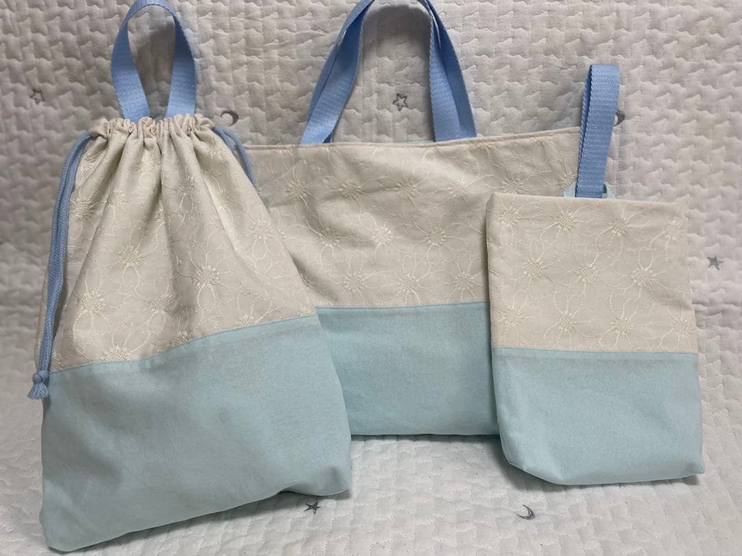 入学入園レッスンバッグスカラップマーガレット花柄レースブルー