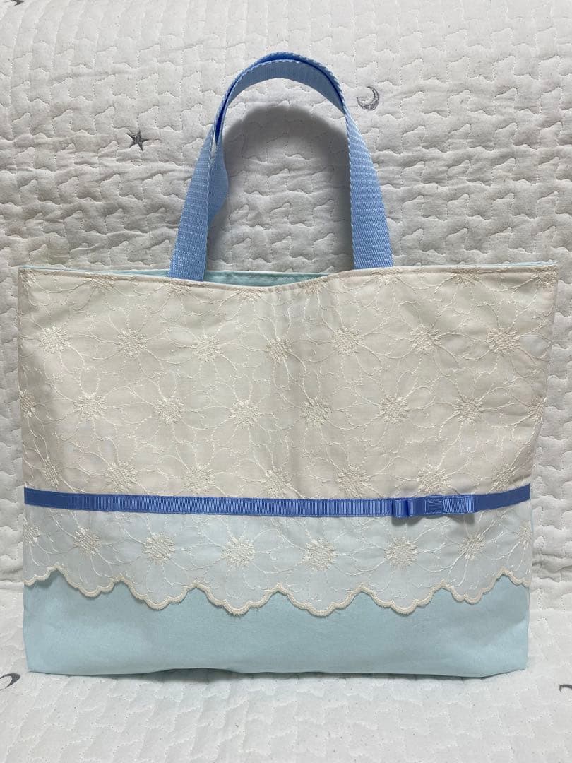 入学入園レッスンバッグスカラップマーガレット花柄レースブルー