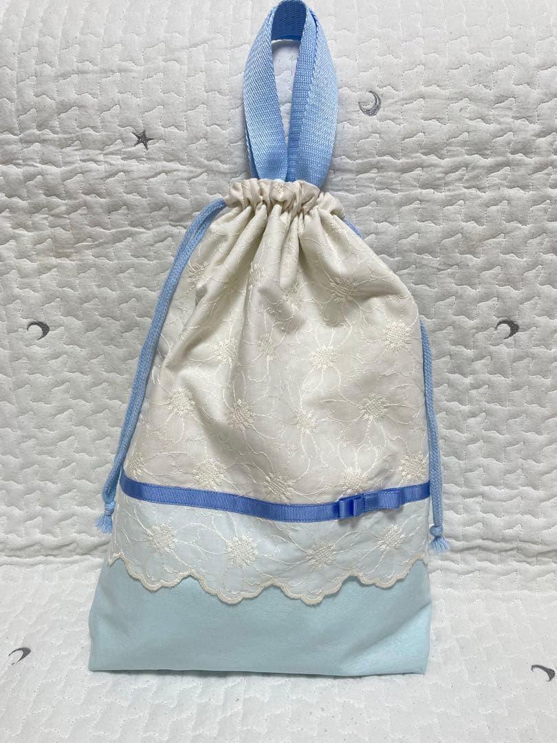 入学入園レッスンバッグスカラップマーガレット花柄レースブルー