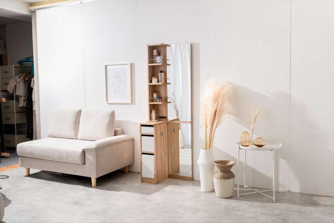 【送料無料】収納付全身姿見ドレッサー 鏡 コーナー コンセント付き 棚 収納