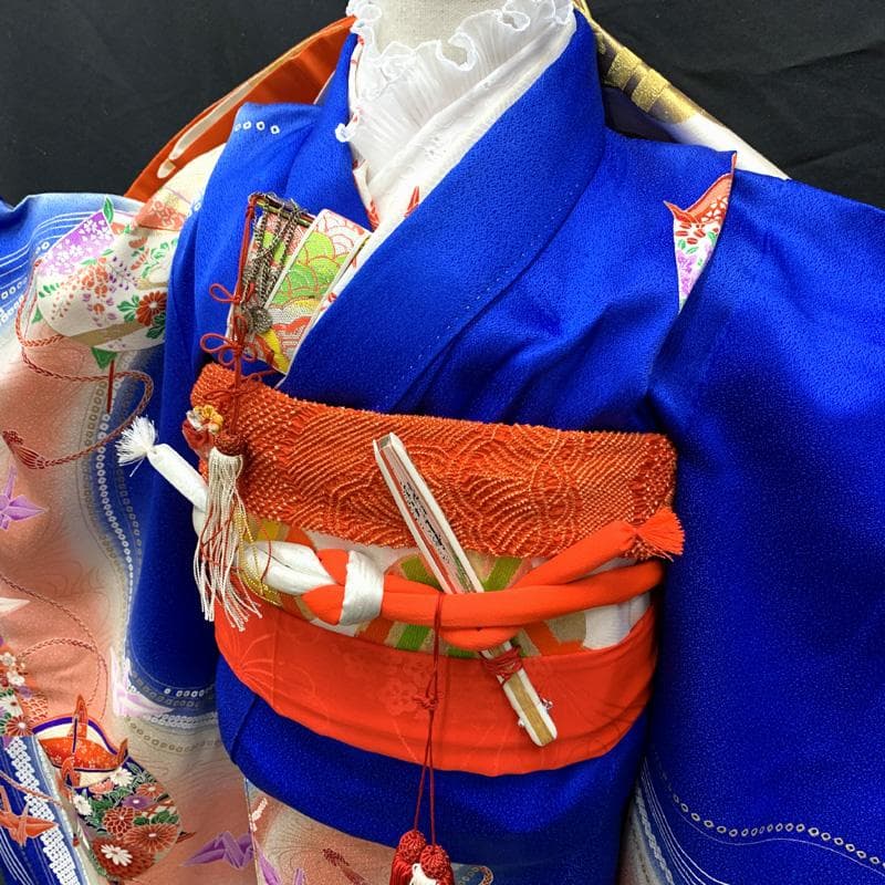 501ag90□七五三 七歳 女児 着物&袋帯 糸巻き 折り鶴 青□状態良好