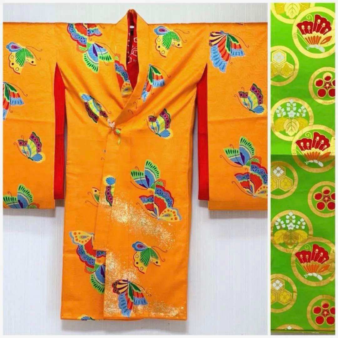 セミアンティーク 七五三 正絹 綸子 三つ身 振袖 袋帯 セット