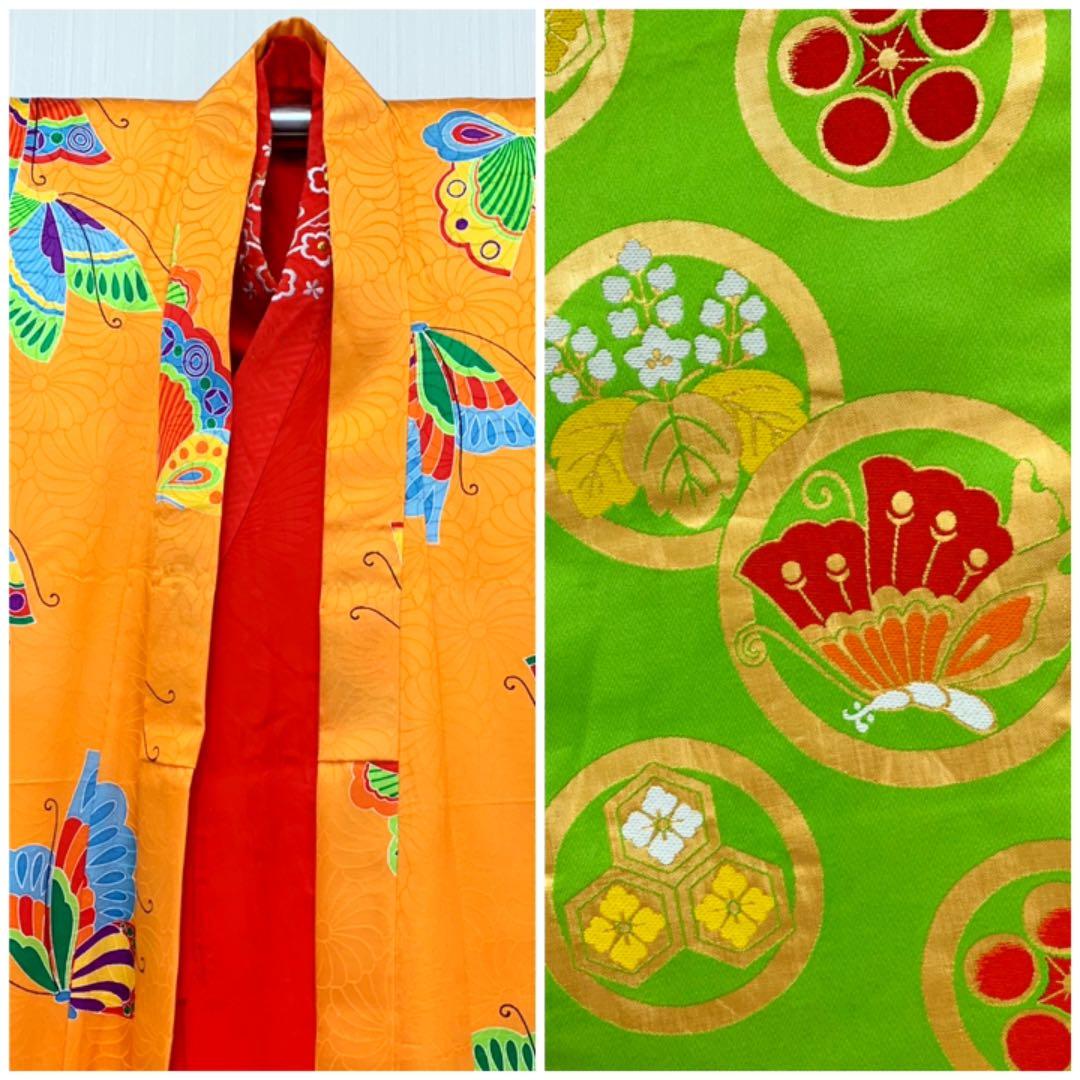 セミアンティーク 七五三 正絹 綸子 三つ身 振袖 袋帯 セット