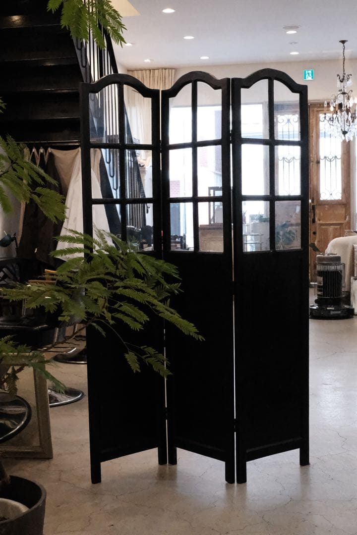【アンティーク調】木製 ガラス パーテーション 3連 間仕切り 衝立 黒②