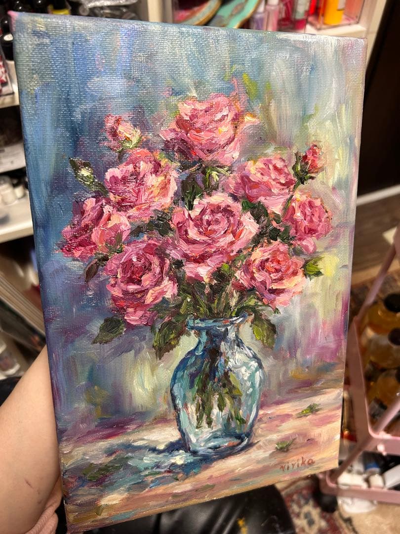 油彩画 バラの花束 2点セット