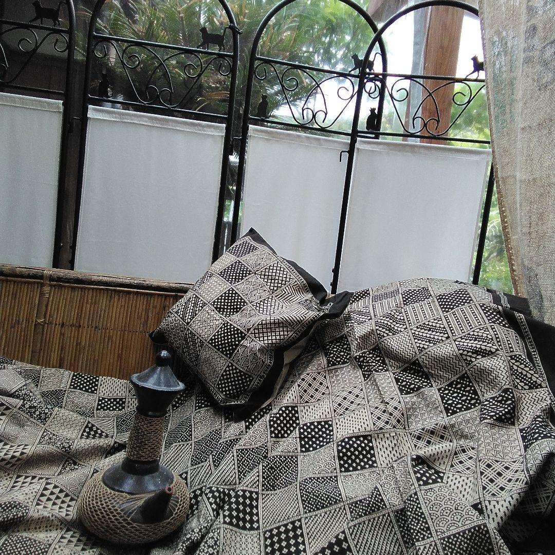 マルチカバー　ブロックプリント　手押し更紗　ベッドスプレッド　シングル