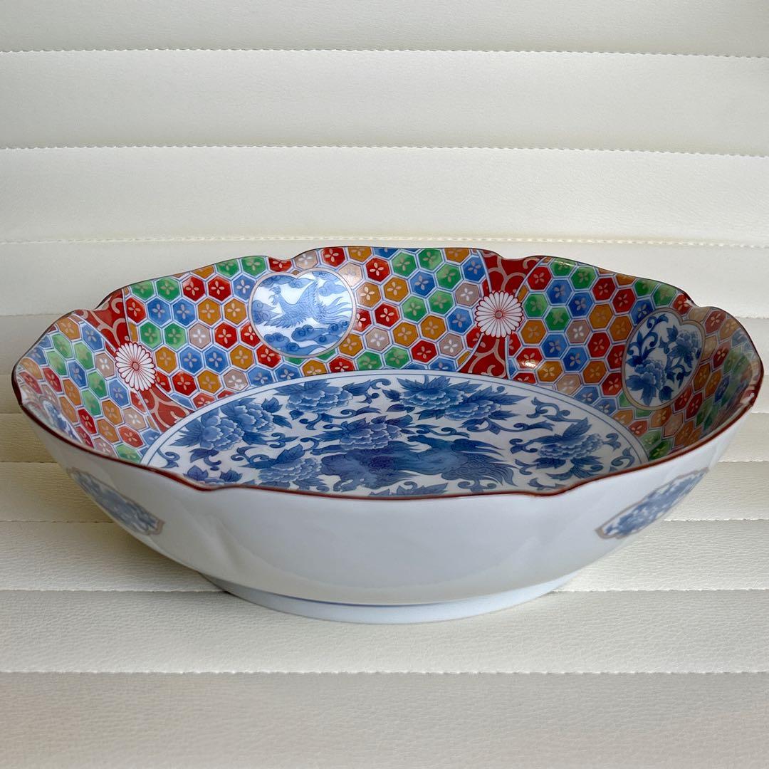 前畑陶器　庫山窯　金彩獅子牡丹　大鉢　古伊万里　大皿　和食器　染付唐草　輪花盛鉢