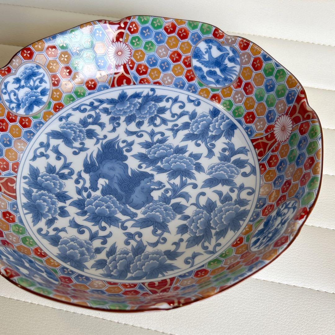 前畑陶器　庫山窯　金彩獅子牡丹　大鉢　古伊万里　大皿　和食器　染付唐草　輪花盛鉢