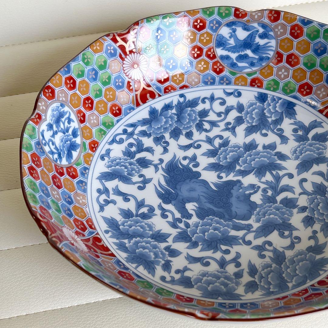 前畑陶器　庫山窯　金彩獅子牡丹　大鉢　古伊万里　大皿　和食器　染付唐草　輪花盛鉢