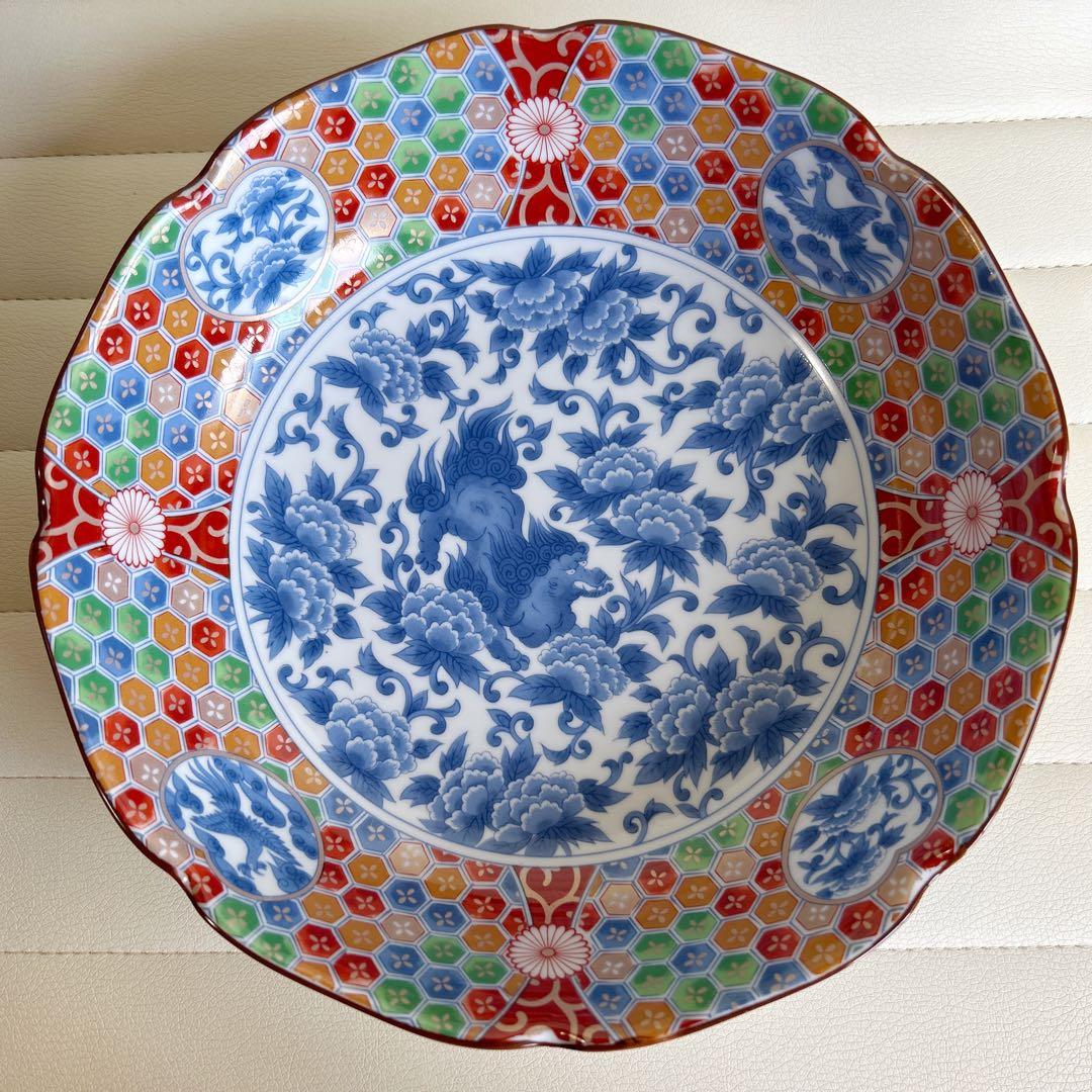 前畑陶器　庫山窯　金彩獅子牡丹　大鉢　古伊万里　大皿　和食器　染付唐草　輪花盛鉢