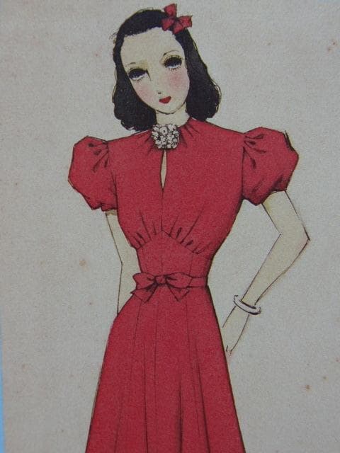 昭和レトロ、中原淳一、【赤いワンピース】、美少女、年代物・希少画集画