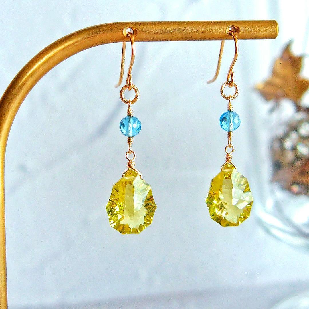 宝石質✨レモンクォーツ　ロゼット　コンケーブ　ソレイユ　ピアス　14kgf