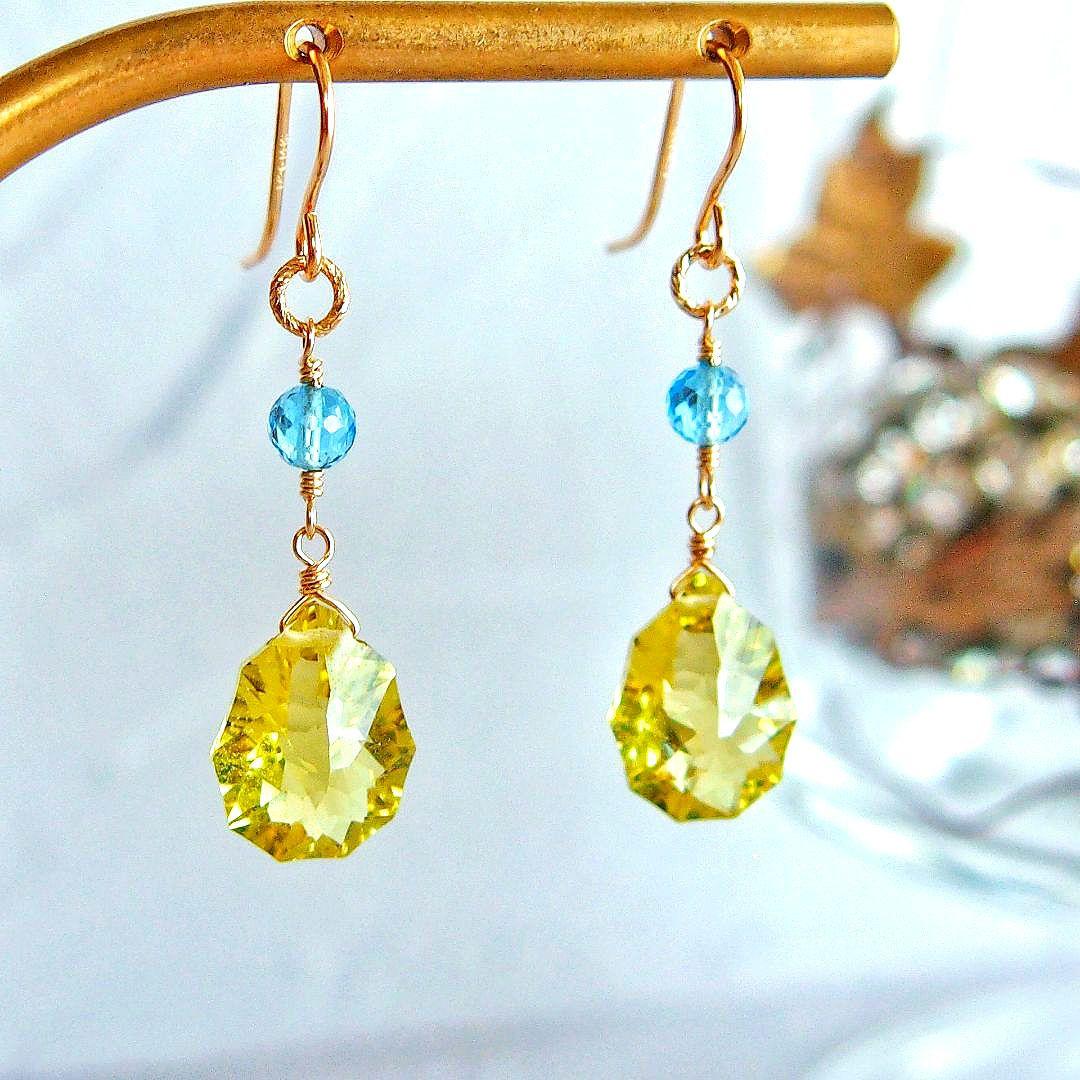 宝石質✨レモンクォーツ　ロゼット　コンケーブ　ソレイユ　ピアス　14kgf