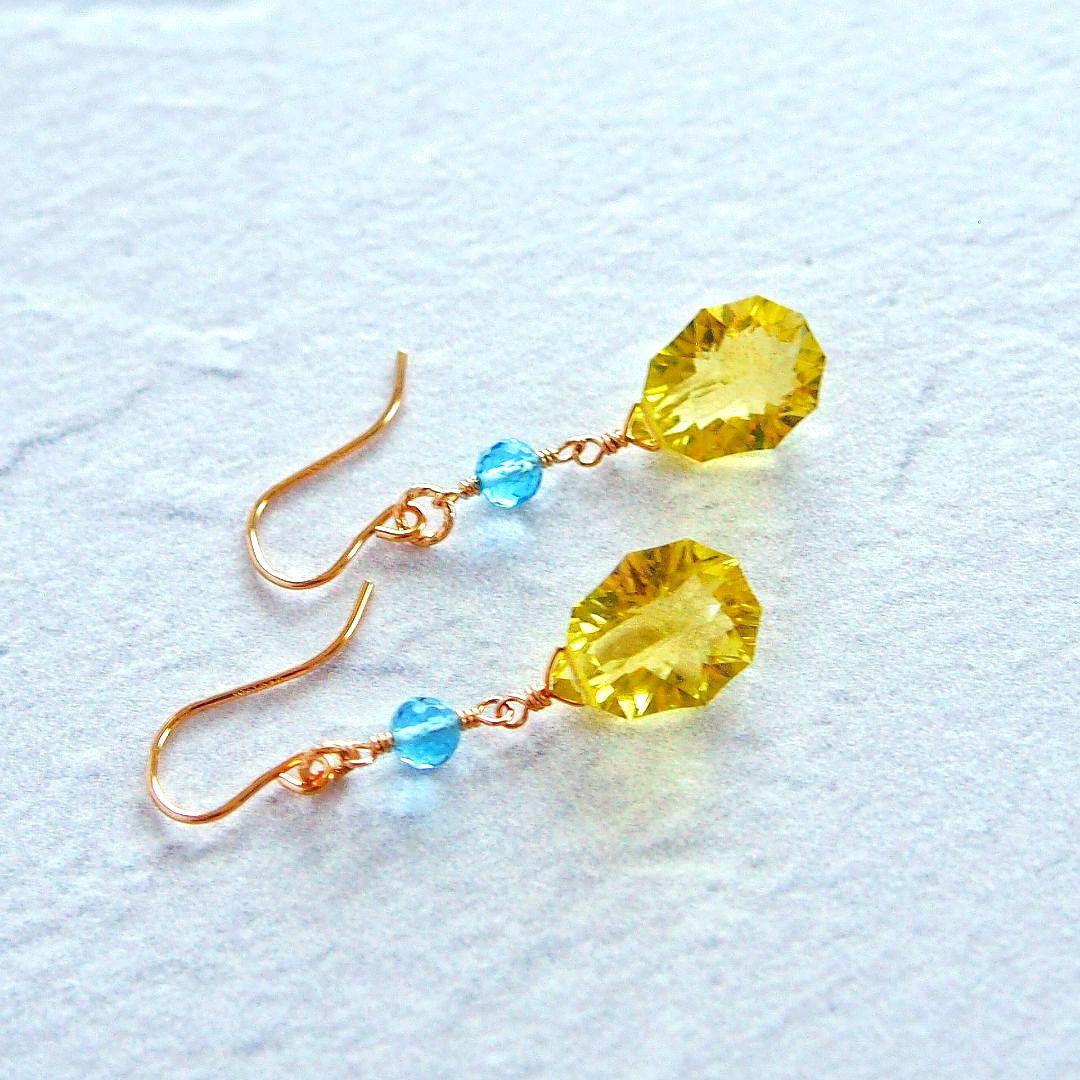 宝石質✨レモンクォーツ　ロゼット　コンケーブ　ソレイユ　ピアス　14kgf