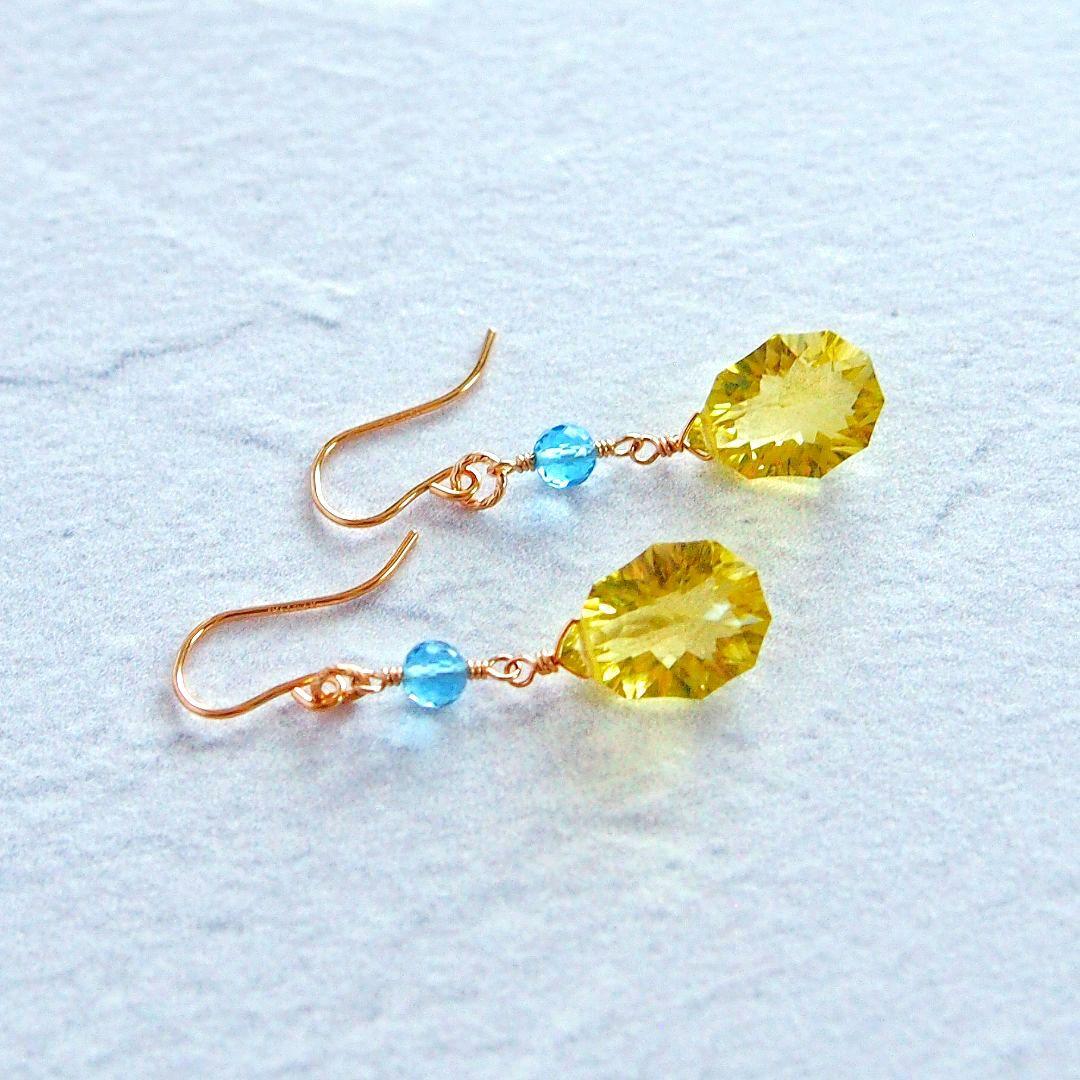 宝石質✨レモンクォーツ　ロゼット　コンケーブ　ソレイユ　ピアス　14kgf