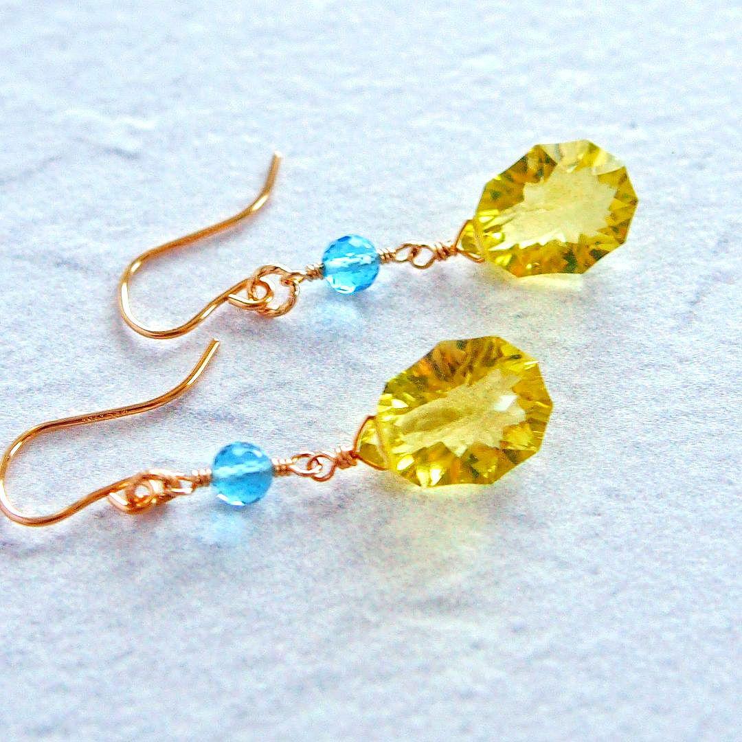 宝石質✨レモンクォーツ　ロゼット　コンケーブ　ソレイユ　ピアス　14kgf