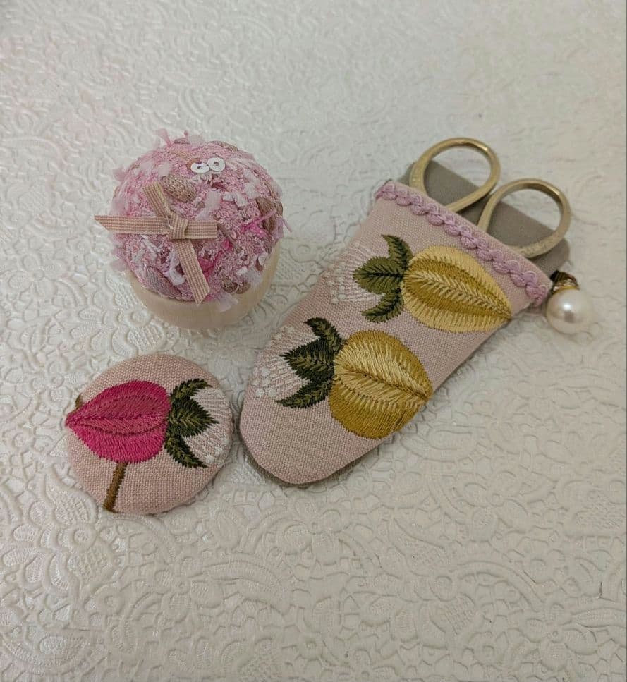 Sページ　サンダーソン刺繍生地のミニ茶箱とプチトレー（ハサミケース付き）