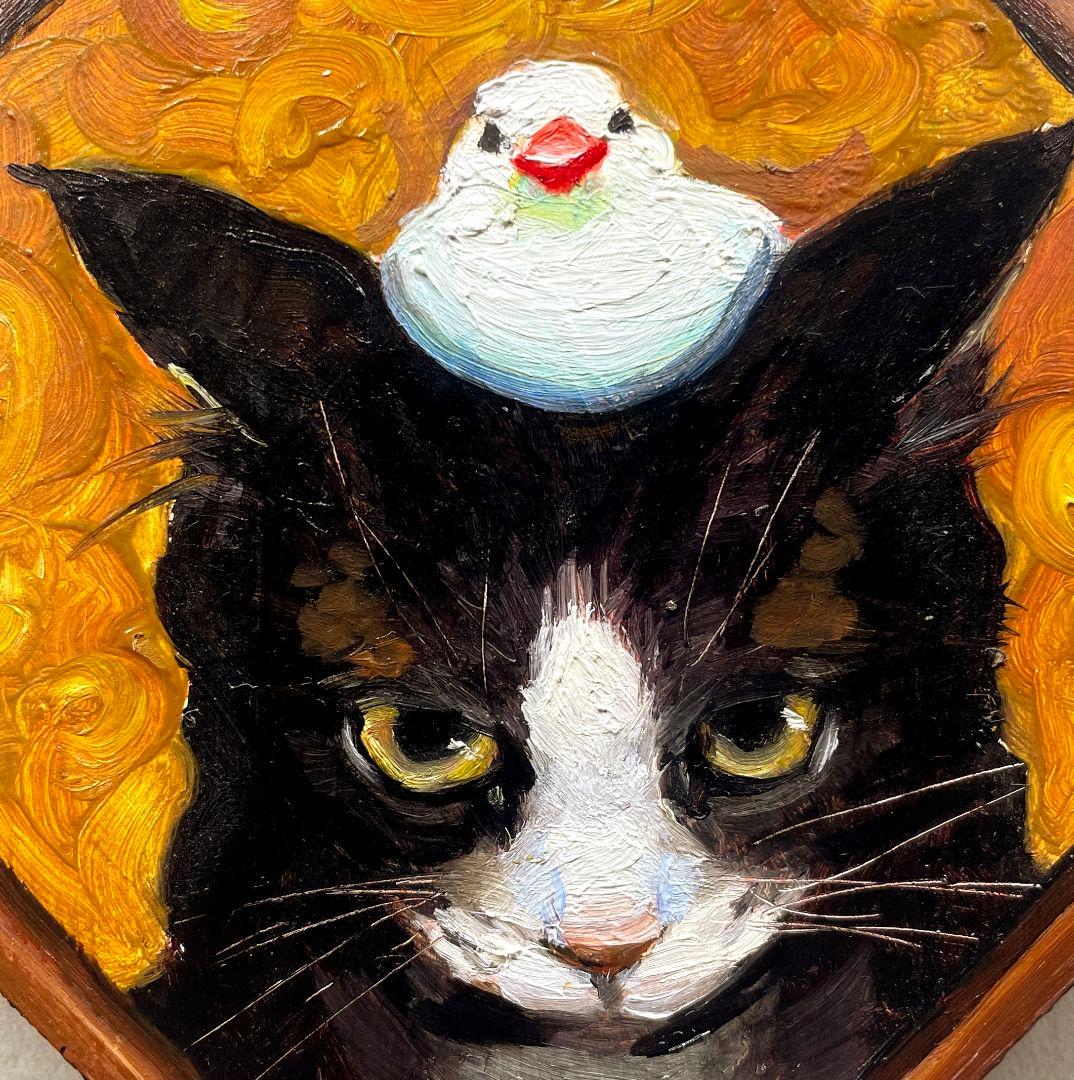 『猫と文鳥』　油絵　ミニ絵画　原画　手描き　油彩画　猫