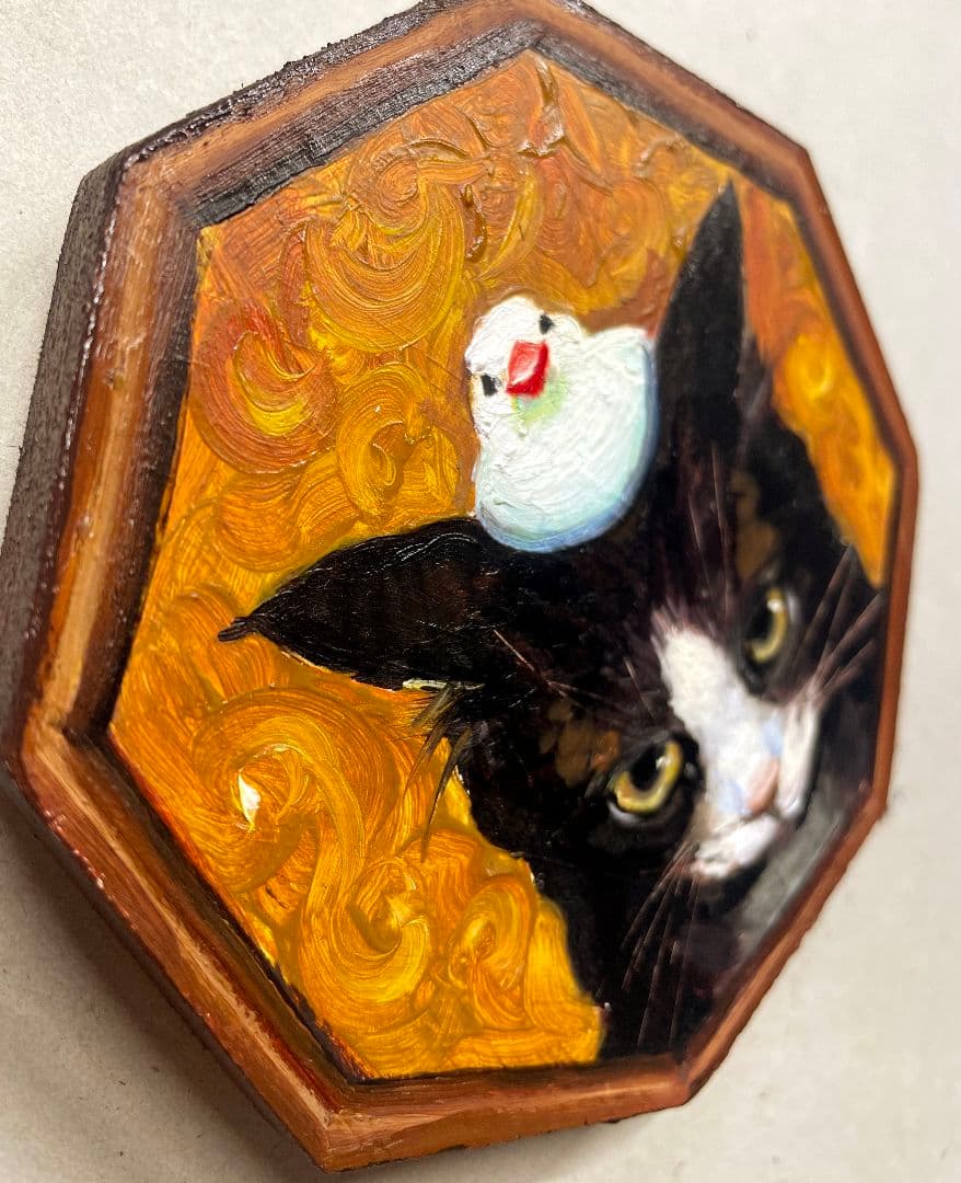 『猫と文鳥』　油絵　ミニ絵画　原画　手描き　油彩画　猫