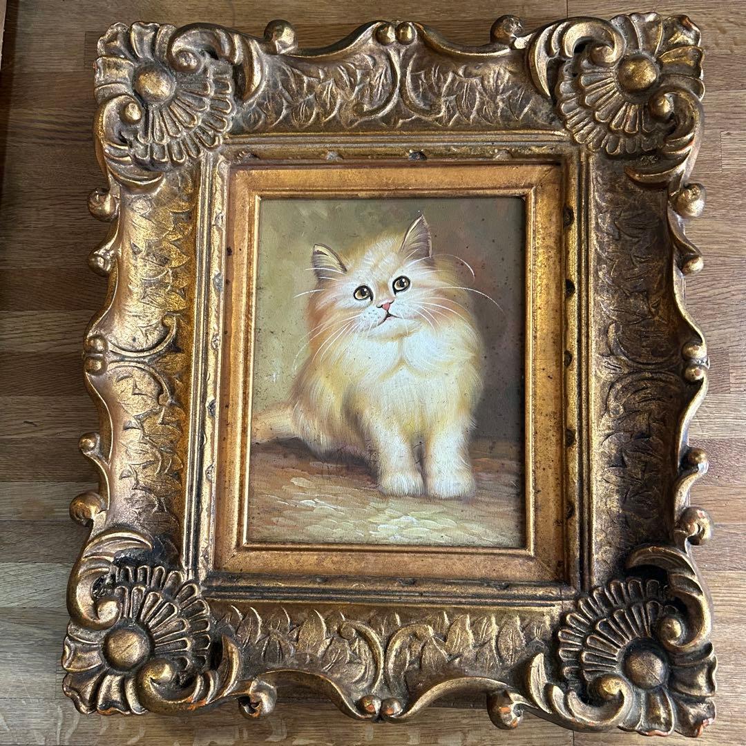 可愛い猫　油絵　額