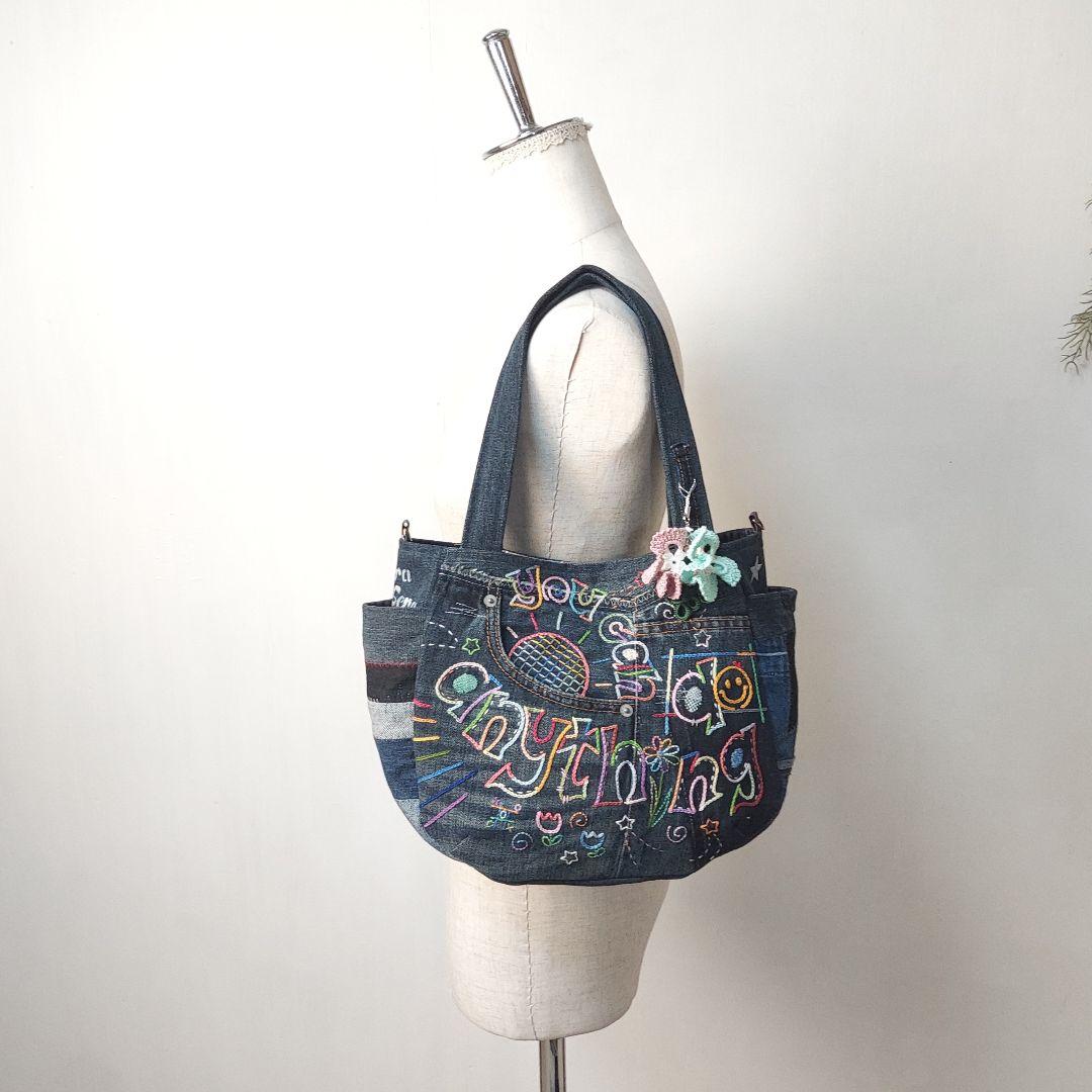 刺繍デニムバック　No.688　デニムリメイク　チューリップバック　スマイリー