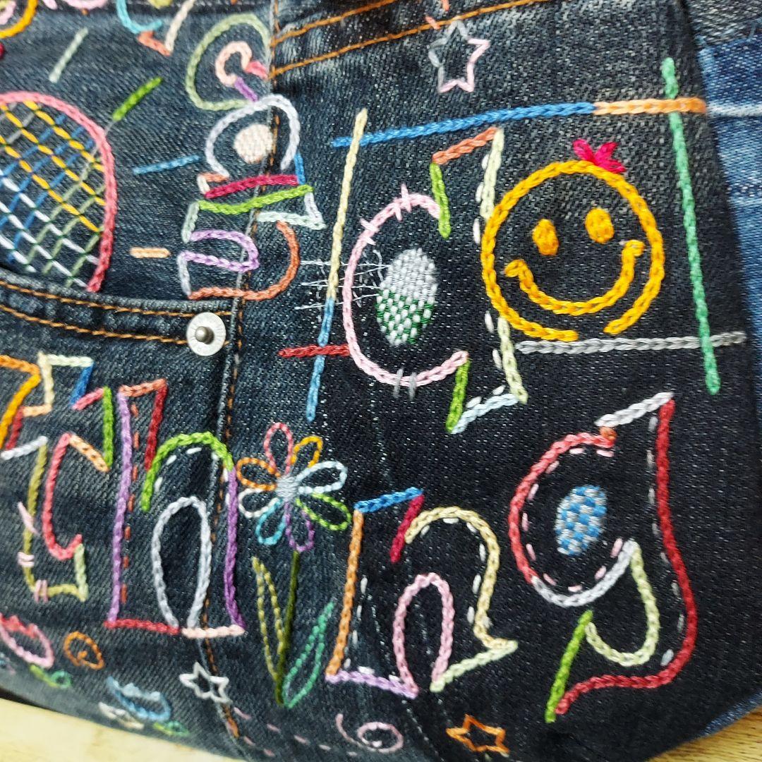 刺繍デニムバック　No.688　デニムリメイク　チューリップバック　スマイリー