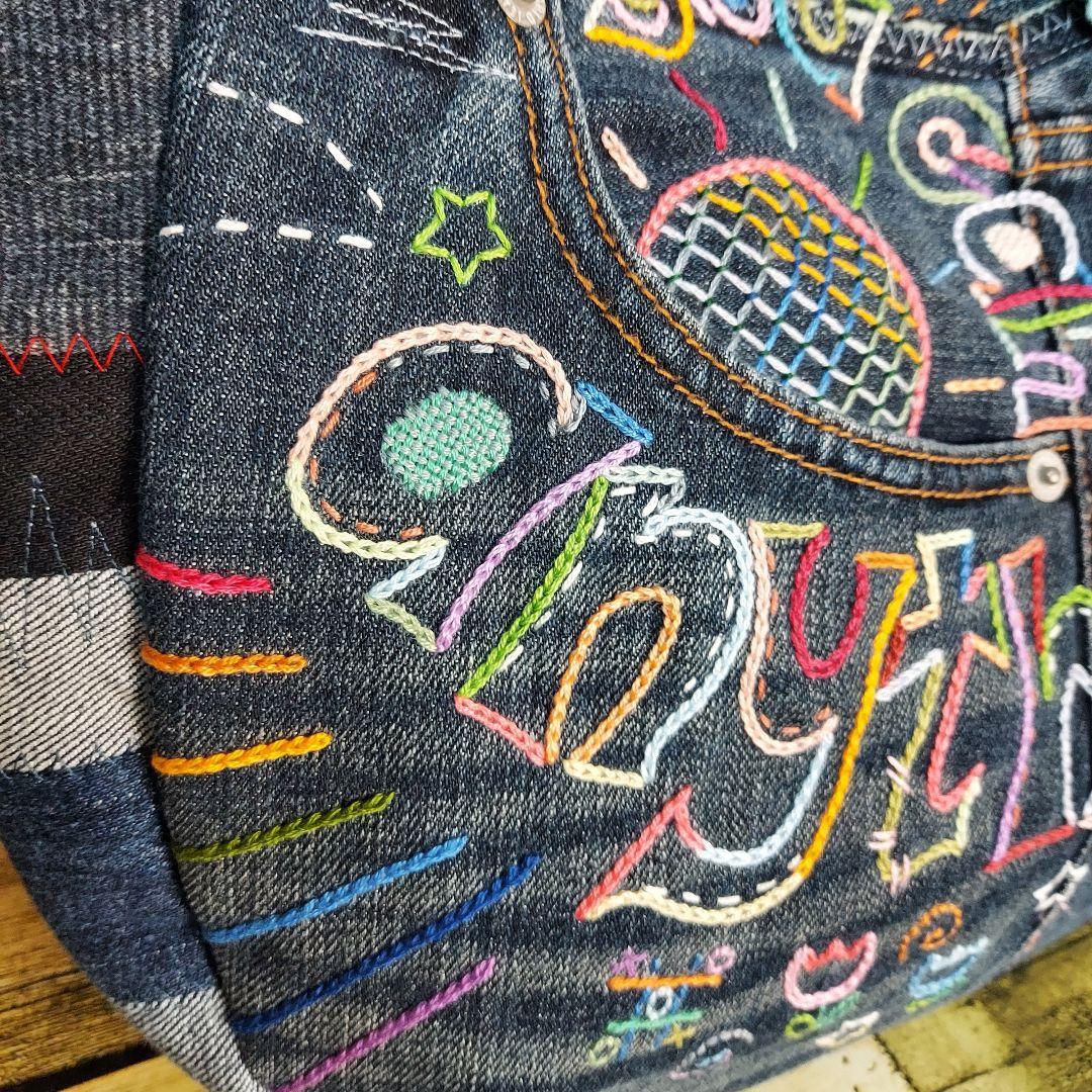 刺繍デニムバック　No.688　デニムリメイク　チューリップバック　スマイリー