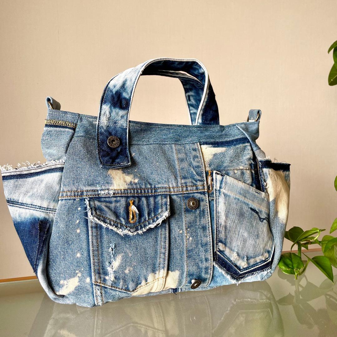 【持ちやすい大きさのブリーチバッグ】　デニム　リメイク　バッグ　トート ダメージ