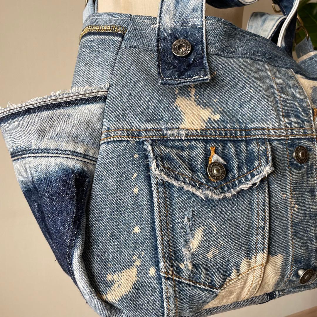 【持ちやすい大きさのブリーチバッグ】　デニム　リメイク　バッグ　トート ダメージ