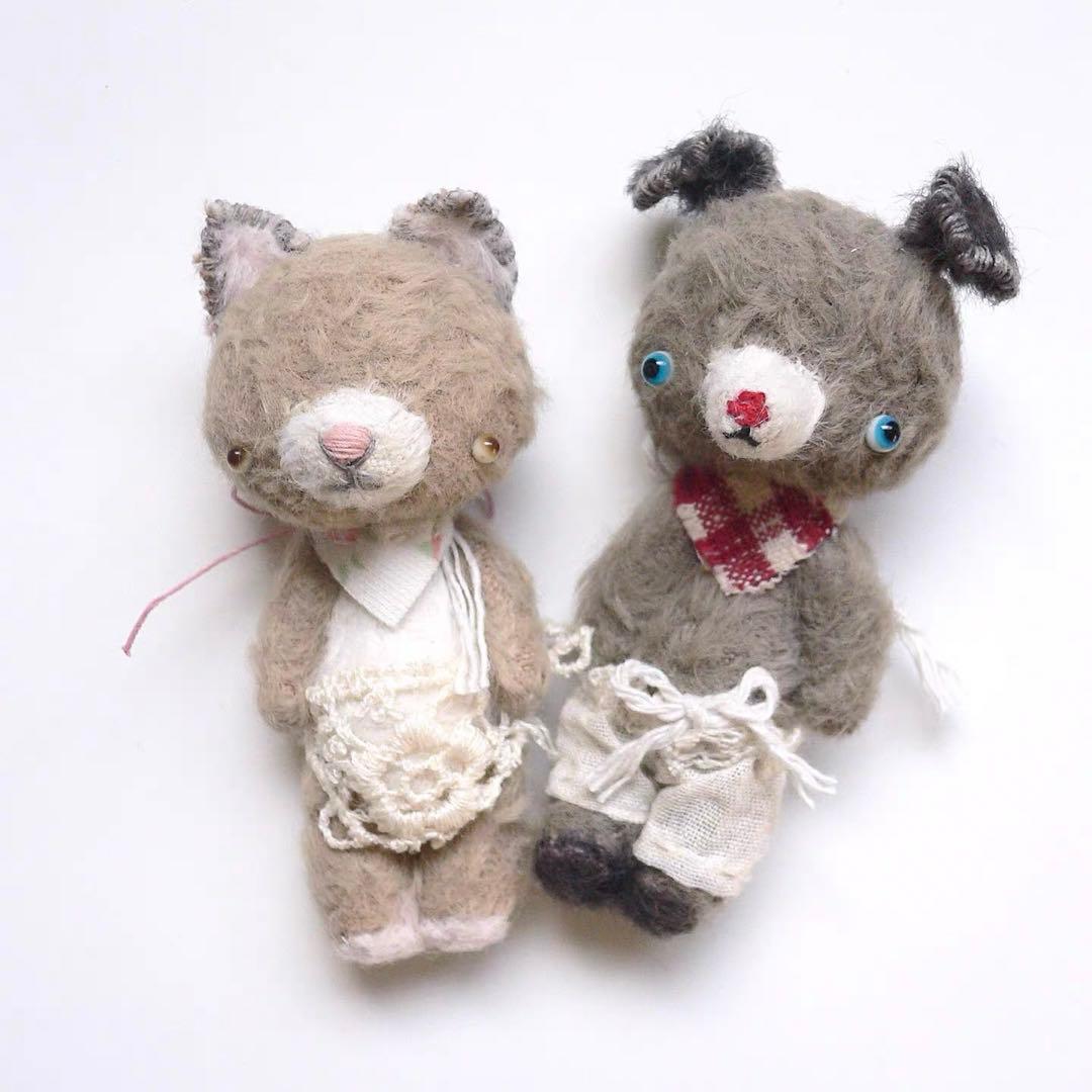 仲良し猫ちゃんと犬ちゃん アーティストベア 海外作家様 ハンドメイド ぬいぐるみ