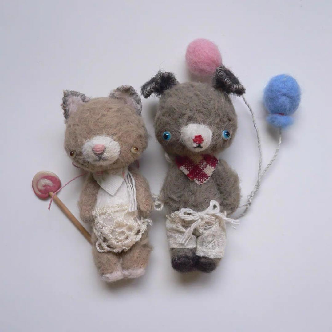 仲良し猫ちゃんと犬ちゃん アーティストベア 海外作家様 ハンドメイド ぬいぐるみ