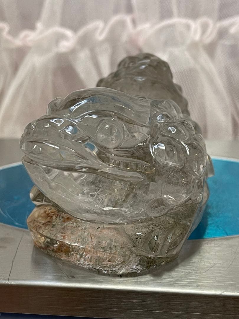 天然石 緑幽霊　ファントム水晶ゼニガエル 金蟾 親子手彫り 原石 綺麗 654g