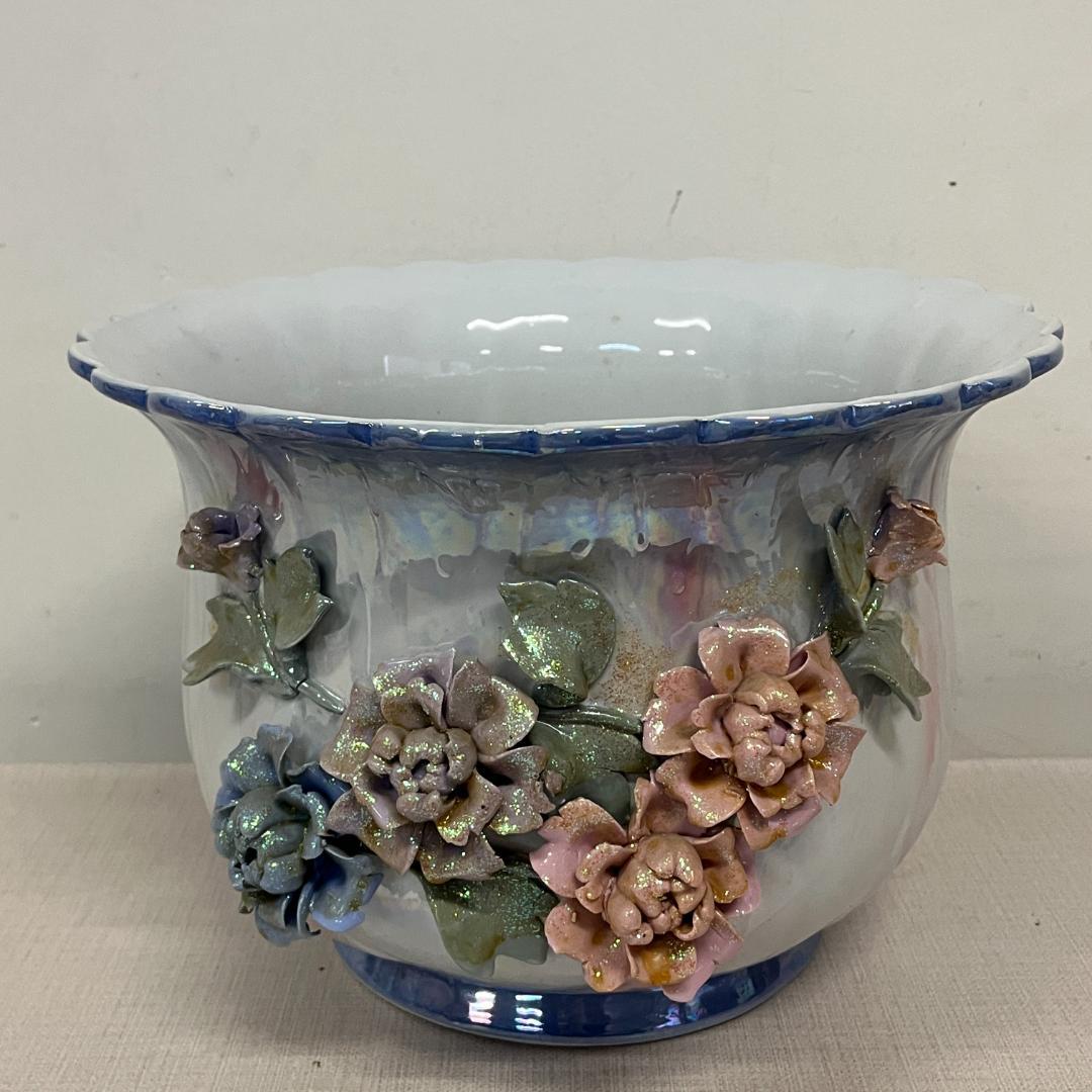 79 立体的 陶花 フラワースタンド 花台 高さ約80cm ブルー オーロラ調