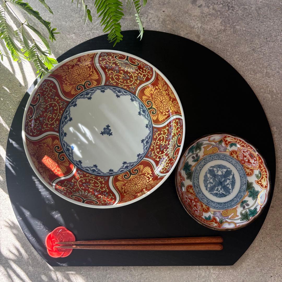 献上古伊万里　19.5cm 皿　５枚　赤　金彩　和食器　和皿　大皿　丸　波佐見焼