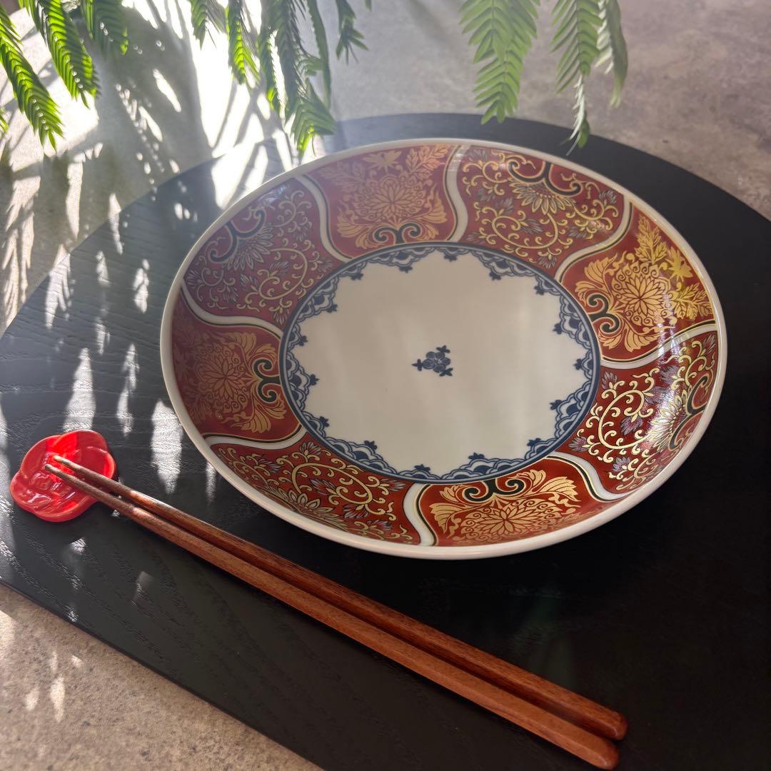 献上古伊万里　19.5cm 皿　５枚　赤　金彩　和食器　和皿　大皿　丸　波佐見焼