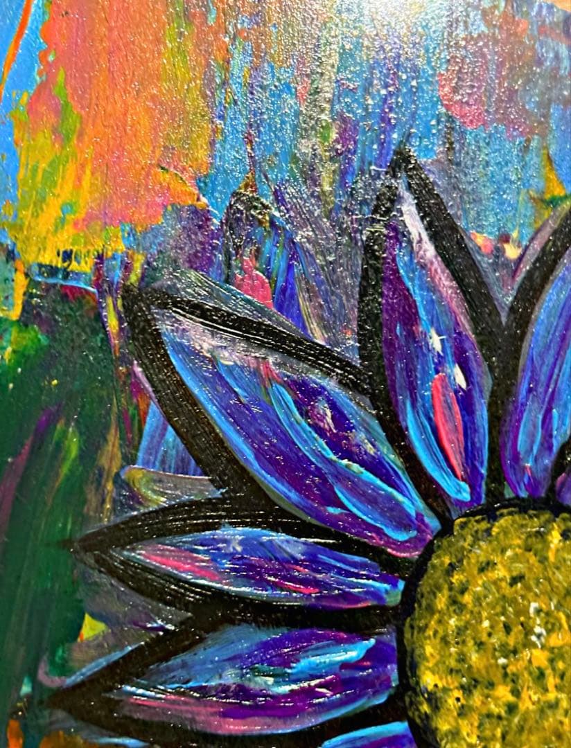 紫と黄色の花の油彩アート