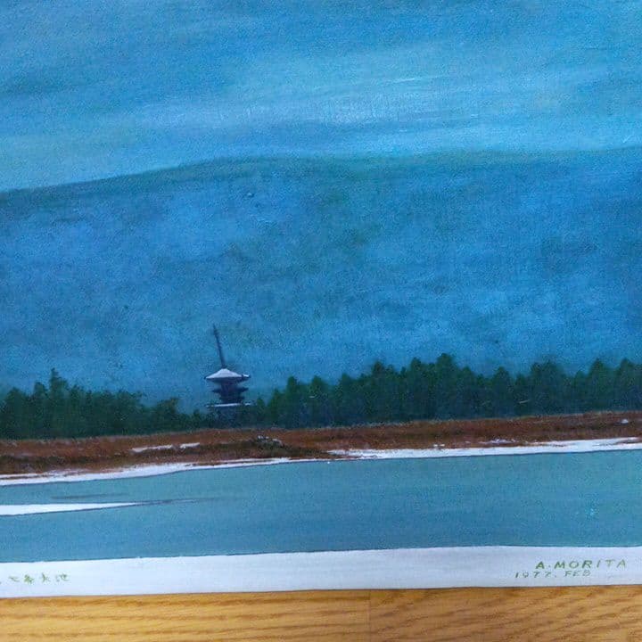 油彩自然風景画奈良薬師寺と七条大池