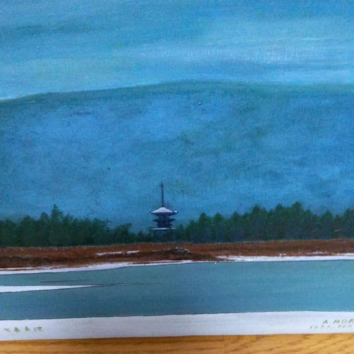 油彩自然風景画奈良薬師寺と七条大池