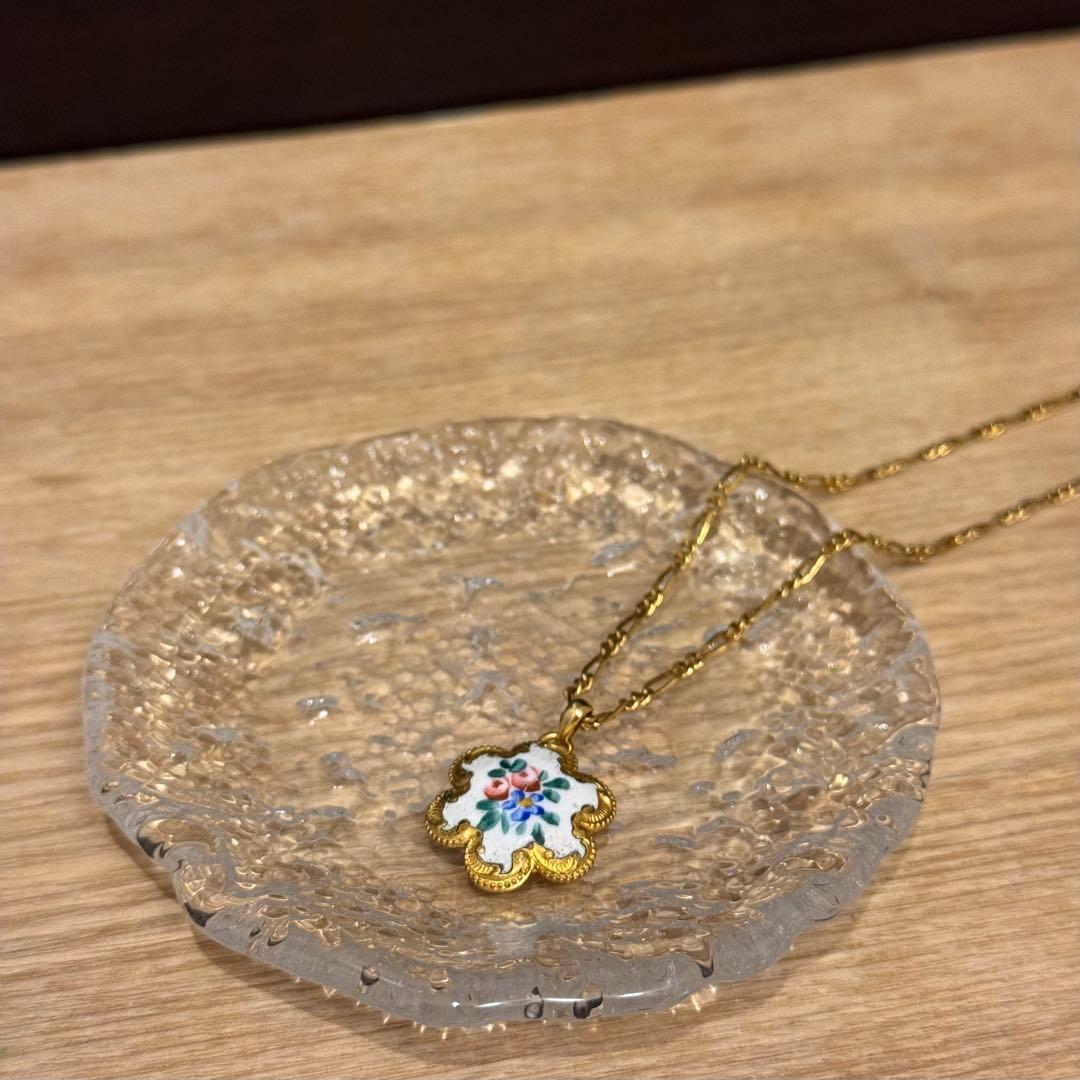 【もんじろう】アンティークボタン あこや真珠 パール ネックレス エマイユボタン