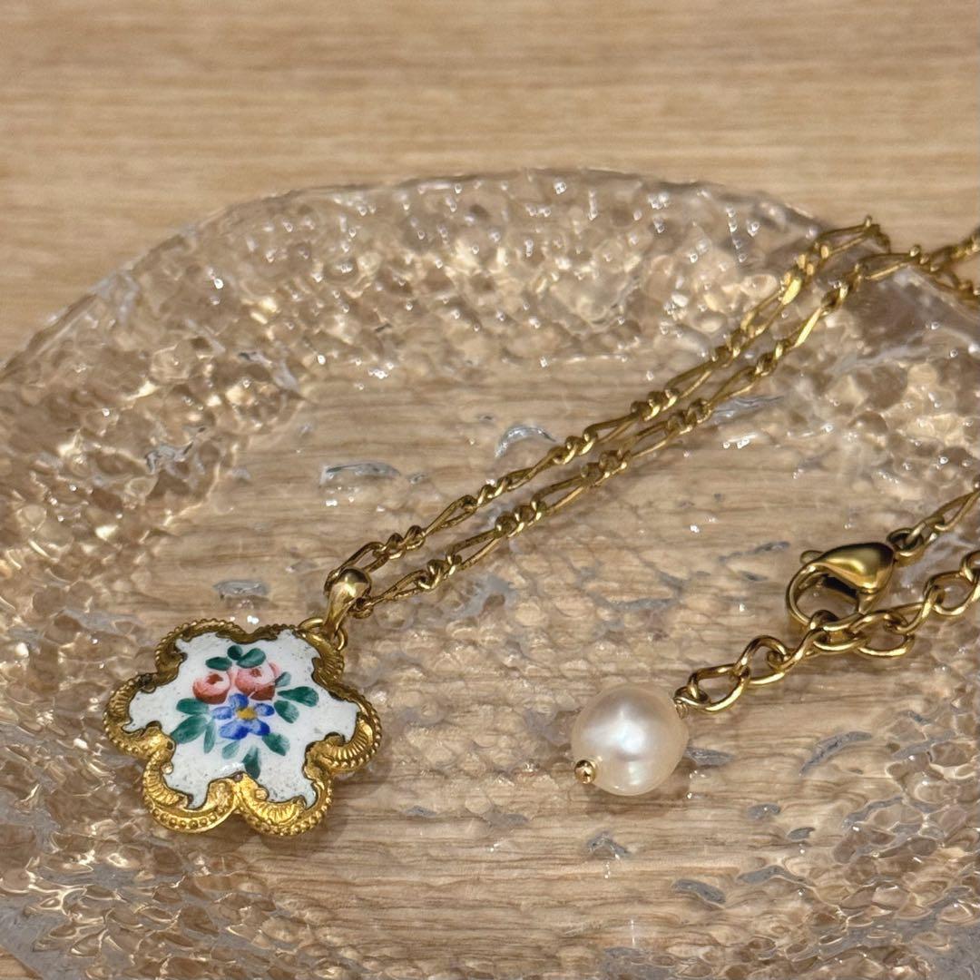 【もんじろう】アンティークボタン あこや真珠 パール ネックレス エマイユボタン